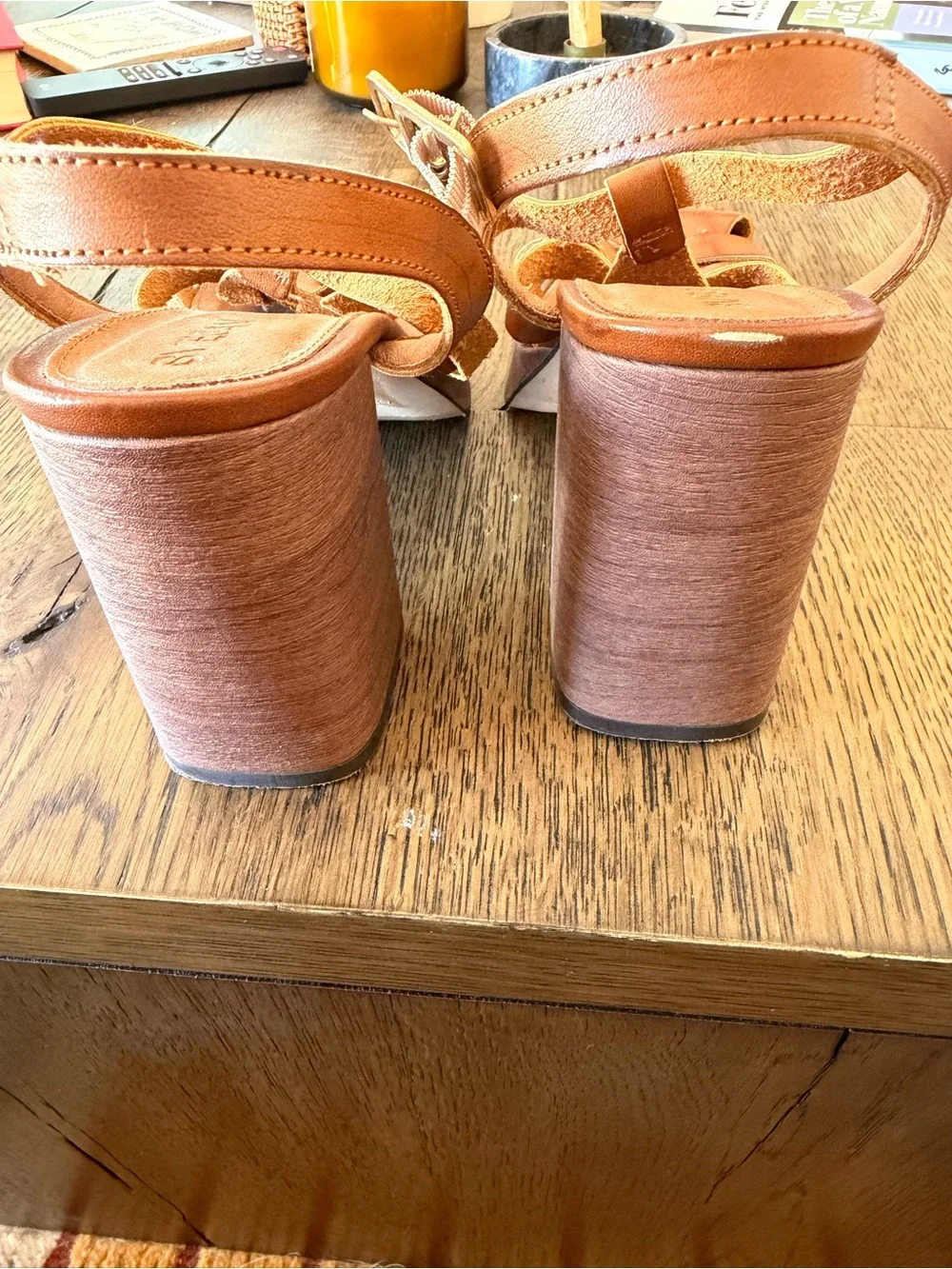 Brown Leather Woven Platform Sandals